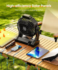 30000mAh Solar Camping Fan With 10W Solar Panel Rechargeable Outdoor Tent Fan And LED Lantern Battery Powered Fan On Table Charging Devices