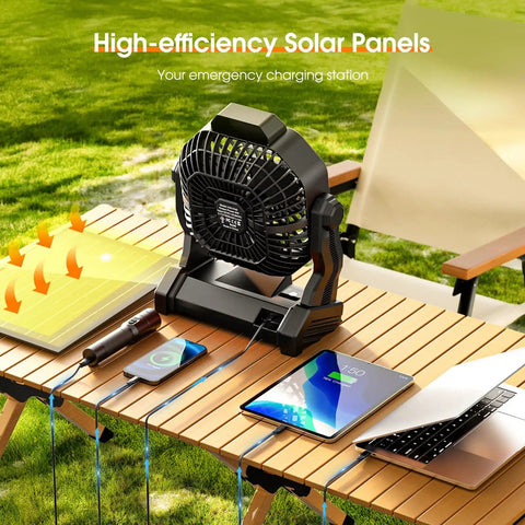 30000mAh Solar Camping Fan With 10W Solar Panel Rechargeable Outdoor Tent Fan And LED Lantern Battery Powered Fan On Table Charging Devices