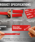 90 Pcs Magnetic Toolbox Labels Set Red 3.5x1 Inch For Tool Box Drawers With Strong Magnetic Backing shown in hand
