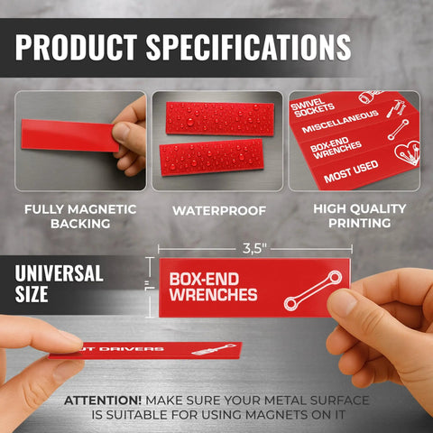 90 Pcs Magnetic Toolbox Labels Set Red 3.5x1 Inch For Tool Box Drawers With Strong Magnetic Backing shown in hand