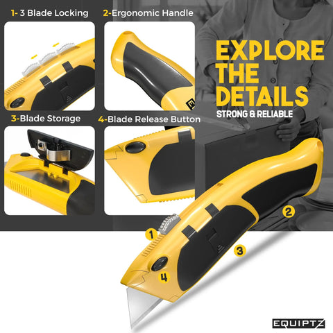 Auto Reload Utility Knife With 10 Preloaded SK5 Blades, Heavy Duty Retractable Box Cutter showing blade storage and ergonomic handle