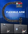 Front view of black dial gauge with flexible arm, 7-inch locking pliers, and 360-degree stem holder.