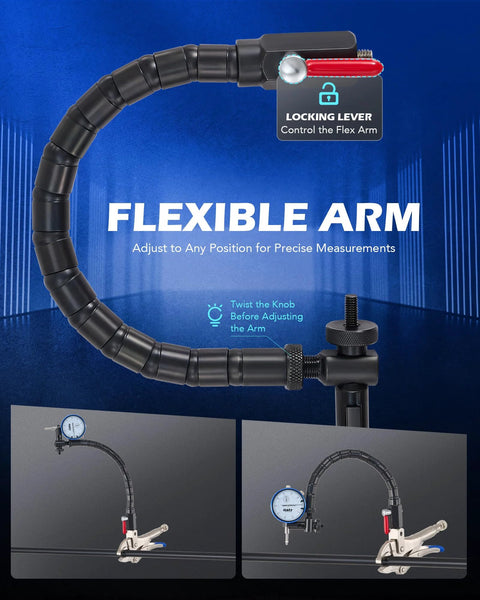 Front view of black dial gauge with flexible arm, 7-inch locking pliers, and 360-degree stem holder.