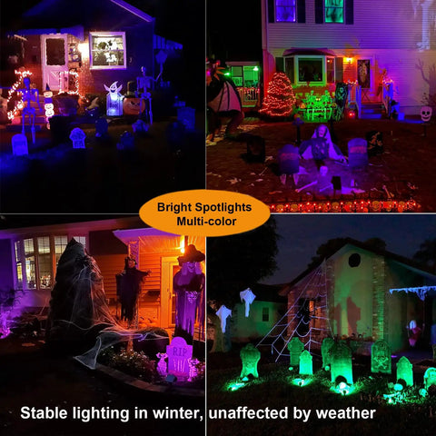 Halloween RGB Spotlight Kit With Transformer Low Voltage Outdoor Uplights 16 Color Changing Waterproof Pathway Lights For House Yard Path Garden Indoor Outdoor Decor 4 Pack illuminating houses with multicolor effects