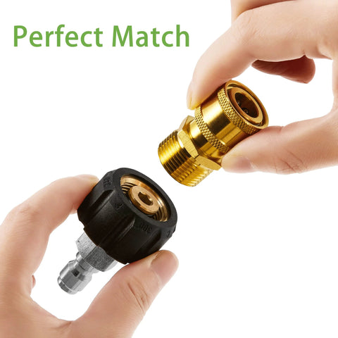 FIXFANS pressure washer quick-connect adapters, two brass M22 14mm to 1/4" fittings with black collar.