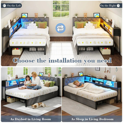 Super Solid Corner Twin XL Bed Frame With Built In Storage Bookcase And Plush Tufted Upholstered Headboard For Kids Room in daybed and sleep setup.