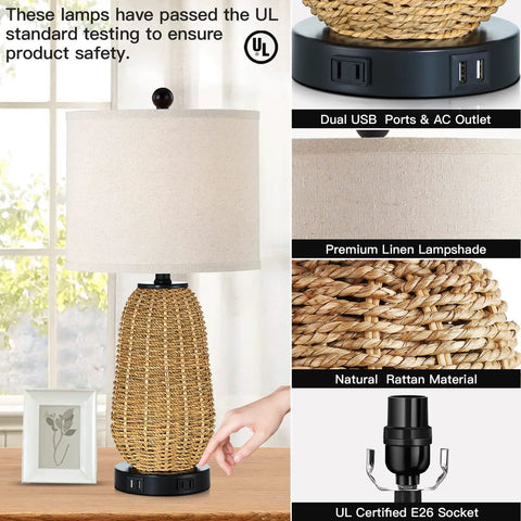 Rattan Style Table Lamps Set Of 2 With Touch Dimming 3 Way Brightness USB Ports And AC Outlet Nightstand Lamps For Bedroom And Living Room Handmade Boho Grass Rope Lamps With LED Bulbs Included, showing USB ports and AC outlet.