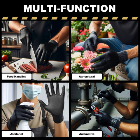 Built Tough 9 Mil Black Nitrile Disposable Work Gloves Xx Large 1000 Count used for food handling, agriculture, janitorial, and automotive tasks.