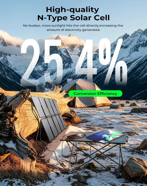 Slay Your Hikes With This Beast Mode Portable Solar Charger delivering 25W USB C power on a snowy campsite with mountains.