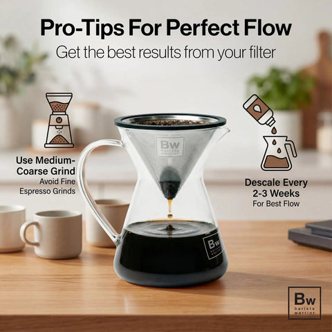 Reusable Stainless Steel Pour Over Coffee Filter For Chemex, Hario V60 And Drippers setup with pro-tips for perfect flow.