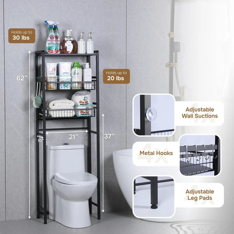 Over Toilet Storage Cabinet With Three Tier Shelves, 62-Inch Tall Black Carbon Steel Bathroom Organizer, Space-Saving Rack For Dorm And Small Bathrooms, Maximizes Vertical Storage And Easy Access