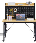 Heavy Duty 48 Inch Adjustable Workbench With Pegboard And Smooth Rolling Casters Built Like A Tank For Welding Jobs And Knockout Garage Tool Storage With AC USB Charging Ports And Sweet Hanging Hooks featuring tools and laptop.