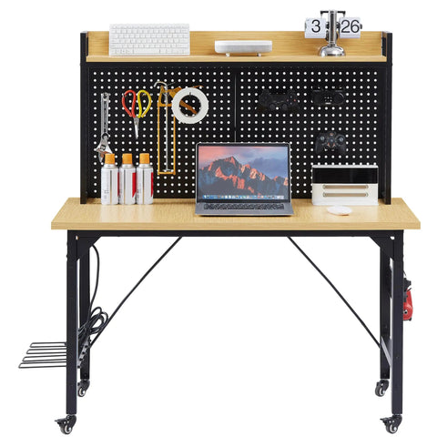 Heavy Duty 48 Inch Adjustable Workbench With Pegboard And Smooth Rolling Casters Built Like A Tank For Welding Jobs And Knockout Garage Tool Storage With AC USB Charging Ports And Sweet Hanging Hooks featuring tools and laptop.