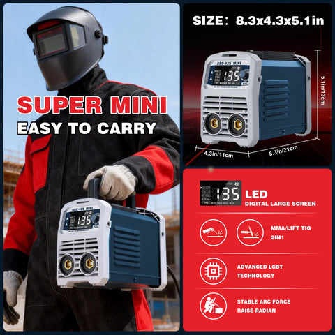 Welder carrying 135A 110V Mini Stick Welder and Lift TIG 2-in-1 portable welding machine, size display and features