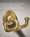 Artifacts Double Robe Hook in Vibrant Brushed Moderne Brass for Bathroom Storage, heavy-duty metal on textured wall