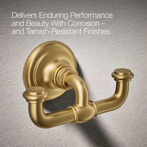 Artifacts Double Robe Hook in Vibrant Brushed Moderne Brass for Bathroom Storage, heavy-duty metal on textured wall