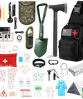 All Terrain Survival Gear Kit With First Aid Supplies And Tactical Crossbody Bag For Camping Hiking And Bug Out Readiness Includes Tent Axe Folding Shovel Flashlight Fire Starter Paracord Bracelet Glow Sticks Emergency Blanket
