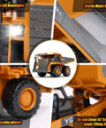 Remote Control Dump Truck With 360 Degree Rotation And Lights Kid Friendly Nine Channel RC Construction Toy features LED headlights, metal bed, durable wheels, and tilting bed.
