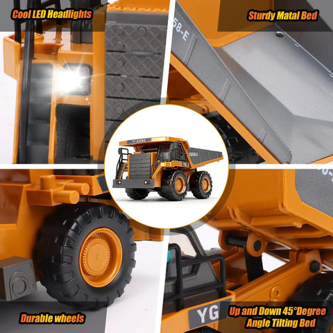 Remote Control Dump Truck With 360 Degree Rotation And Lights Kid Friendly Nine Channel RC Construction Toy features LED headlights, metal bed, durable wheels, and tilting bed.