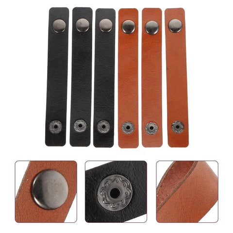 Premium Leather Cord Organizer Straps, 6-piece set, black and brown, with snap fasteners for cable management.