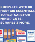 Front view of Band-Aid Brand Travel Ready 80-piece first aid kit with assorted bandages.