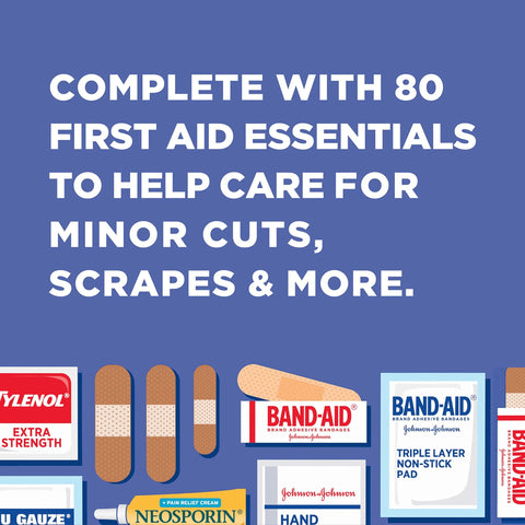 Front view of Band-Aid Brand Travel Ready 80-piece first aid kit with assorted bandages.