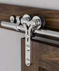 Close-up of 9 Foot Stainless Steel Sliding Door Hardware Kit For Wooden Barn Doors, Y Shaped Track System installed on door