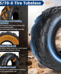 Close-up of Go Kart And Mini Bike Tire 145/70-6 Tubeless Rear V-Tread with directional tread and reinforced sidewall.