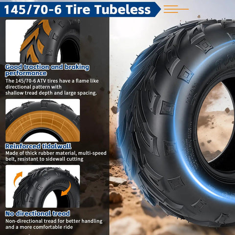 Close-up of Go Kart And Mini Bike Tire 145/70-6 Tubeless Rear V-Tread with directional tread and reinforced sidewall.