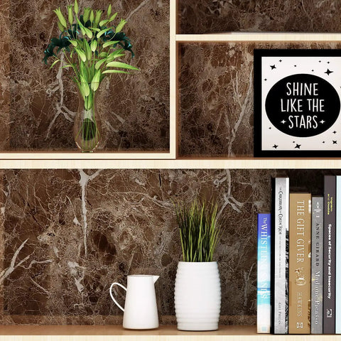 Bookshelf lined with peel and stick marble countertop vinyl wrap 15.8 by 197 inch self adhesive brown marble waterproof cover.