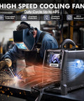 Welder using 140 Amp 3 In 1 MIG Welder For Flux Core MIG Stick And Lift TIG 110V Portable Inverter with LED display in workshop.