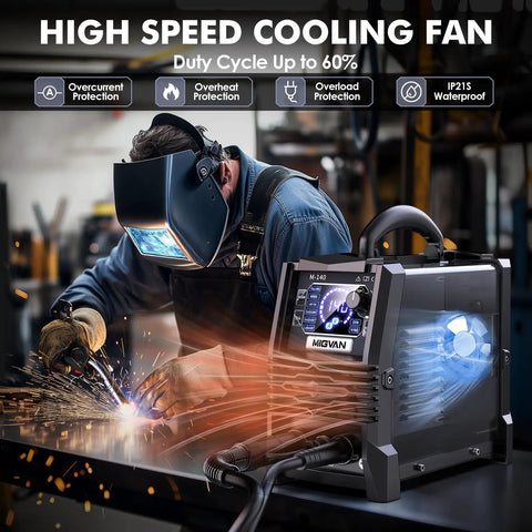 Welder using 140 Amp 3 In 1 MIG Welder For Flux Core MIG Stick And Lift TIG 110V Portable Inverter with LED display in workshop.