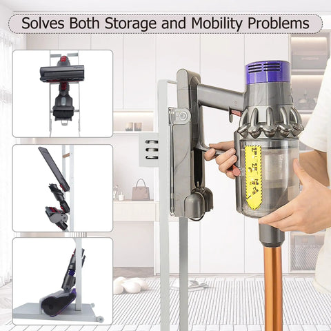 Dyson Vacuum Stand Organizer For V15 V12 V11 V10 V8 V7 V6 Cordless Models, showcasing storage and mobility features, white.