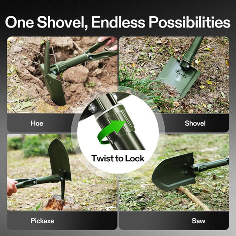 Folding Survival Shovel For Camping And Hiking High Carbon Steel Tactical Entrenching Tool showing hoes, shovels, pickaxes, and saws