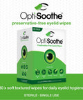 Opti-Soothe preservative-free eyelid wipes box, 30-pack, with green eye graphic