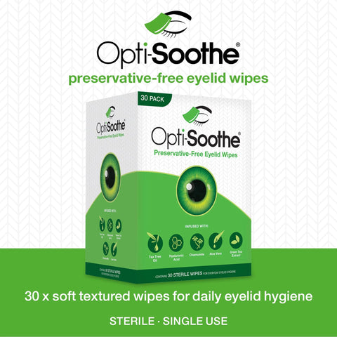 Opti-Soothe preservative-free eyelid wipes box, 30-pack, with green eye graphic
