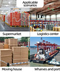 Image showing applicable scenarios for Extra Large Electric Pallet Stacker Walk Behind Battery Powered Hydraulic Lift Truck.