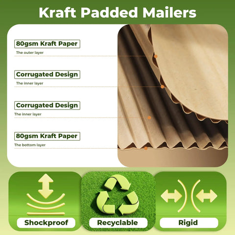 Rigid Kraft Mailers 6x9 Inches Pack 50 Eco Friendly Recyclable Mailers With Corrugated Inside Padded Self Seal Envelopes layers