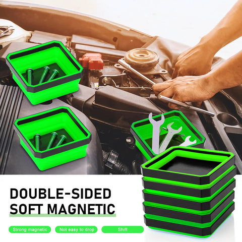 Premium Hustle Ready Collapsible Magnetic Tool Tray 10 Piece Set Silicone Parts Organizer For Mechanics Heavy Duty Liquid Resistant Magnet Holder Foldable Garage Kit Real Deal Setup Green with tools on car engine.