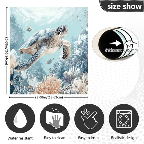 Sea Turtle Blue Dishwasher Magnet Cover Sticker For Refrigerator And Kitchen Appliances, shows ocean scene and sizes.