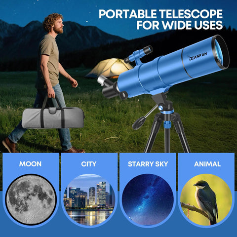 90mm Aperture Portable Telescope for Kids and Adults with 550mm focal length shown on tripod at night under starry sky