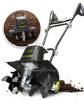 Corded Electric Garden Tiller And Cultivator With Steel Tines, 16 Inch Width, 12 Amp Motor, folding handle, in garden soil