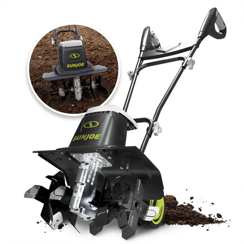 Corded Electric Garden Tiller And Cultivator With Steel Tines, 16 Inch Width, 12 Amp Motor, folding handle, in garden soil