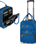 Underseat Carry On Luggage With Wheels, blue waterproof polyester, showing telescoping handle and storage pockets, personal item size.