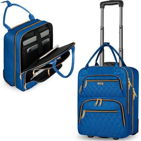 Underseat Carry On Luggage With Wheels, blue waterproof polyester, showing telescoping handle and storage pockets, personal item size.
