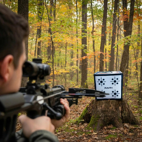 Aiming a crossbow at a 650 FPS Ravin Edition Crossbow Target For Archery Ultra High Speed Stop With Aramid Core Technology outdoors.