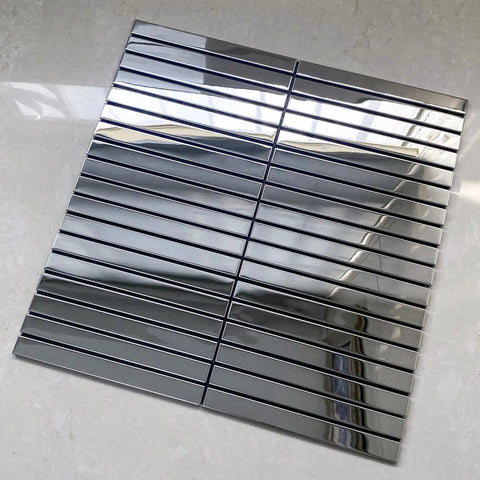 Stainless Steel Peel And Stick Backsplash Kit With 10 Sheets, Polished Silver Subway Brick Tiles for Kitchen Laundry or Fireplace