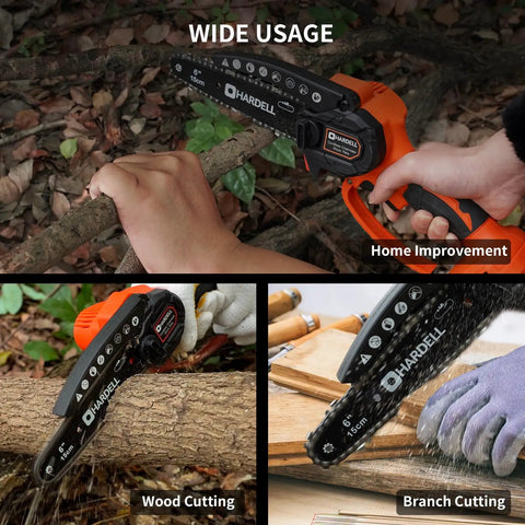 Compact 6 In Cordless Chainsaw Packs Serious Brushless Punch For No Sweat Tree Trimming And Limb Lopping Secure Lock Handles Business Smoothly Comes Loaded With Dual 21V Batteries Plus Backup Chains For Your Yard in use for branch cutting.