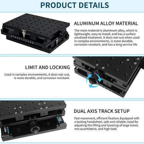 XY Axis Manual Stage With Precision Lead Screw Drive, top view showing aluminum alloy material details and locking mechanisms