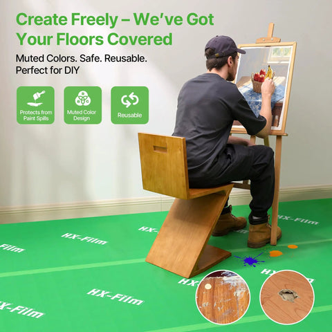 Artist painting on protected floor with Heavy Duty Floor Protector For Construction And DIY, 39x100 Inch Waterproof Carpet Shield.